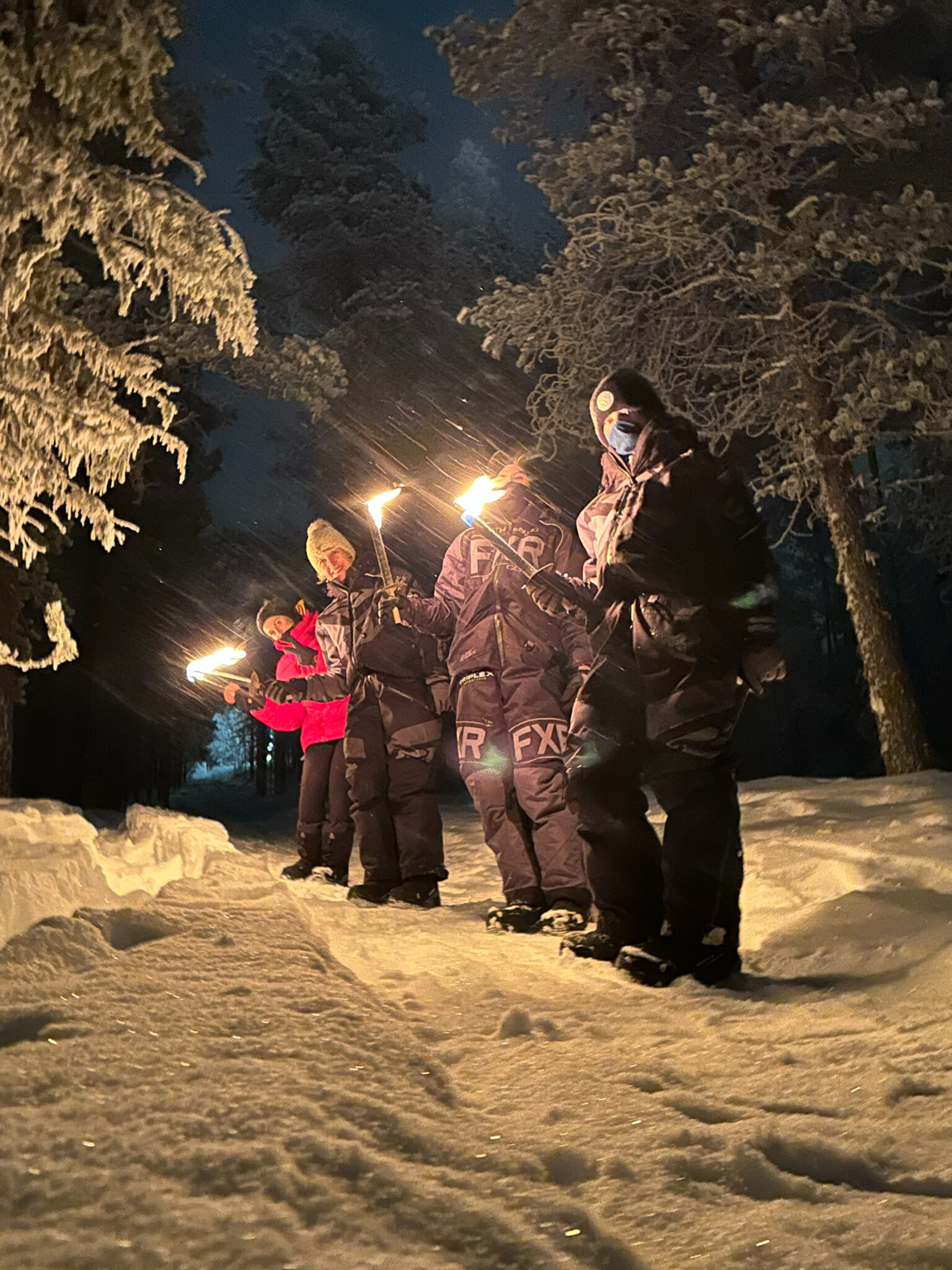 Gruppe von Gästen bei einer Fackelwanderung im Wald schwedisch Lapplands.